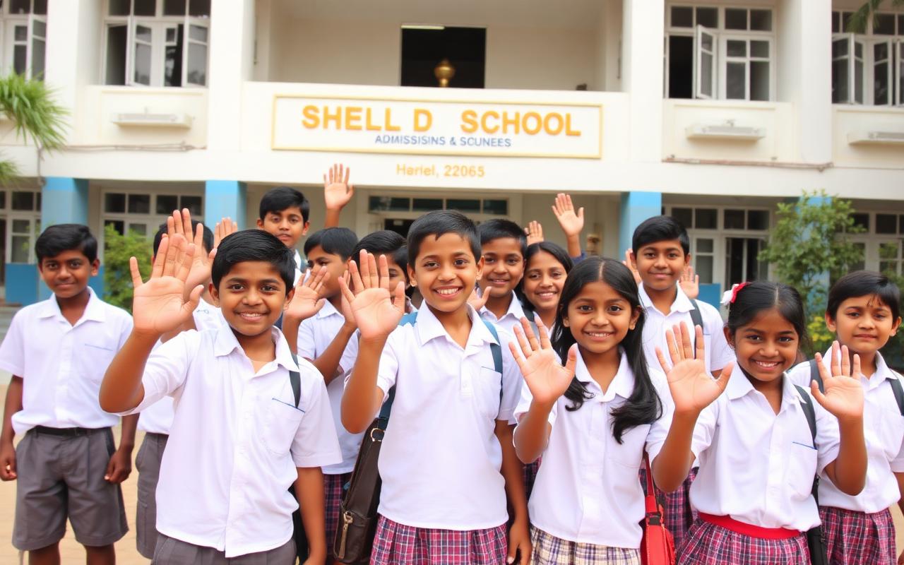 Happy students smiling in front of a school building