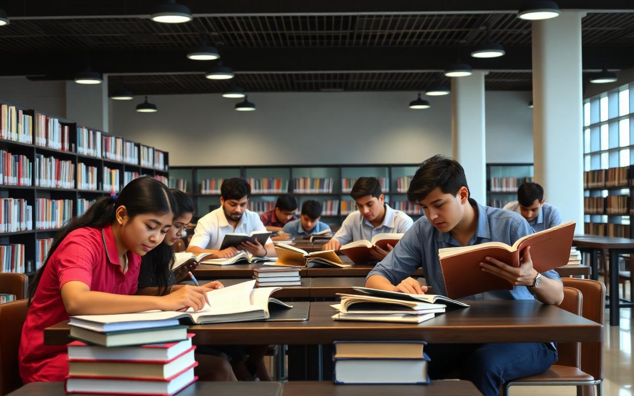 Higher secondary students studying in a library