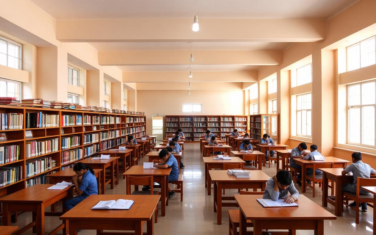 School library with students reading at desks