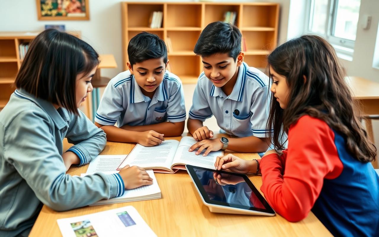 Middle school students learning interactively around a table